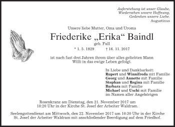 Traueranzeige von Friederike  Baindl von merkurtz