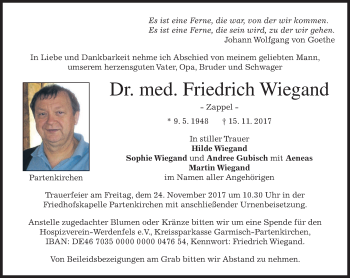 Traueranzeige von Friedrich Wiegand von merkurtz