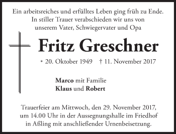 Traueranzeige von Fritz Greschner