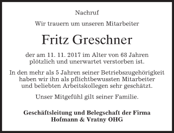 Traueranzeige von Fritz Greschner