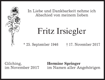 Traueranzeige von Fritz Irsiegler von merkurtz