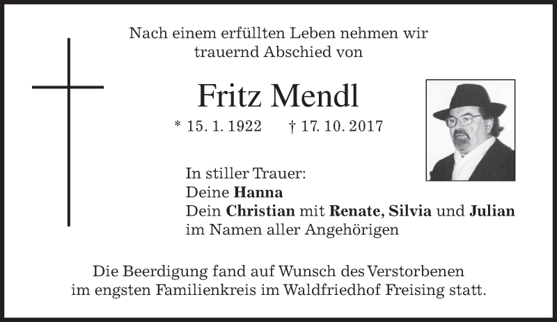  Traueranzeige für Fritz Mendl vom 15.11.2017 aus merkurtz