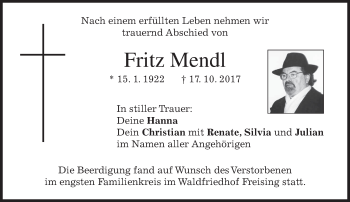 Traueranzeige von Fritz Mendl von merkurtz