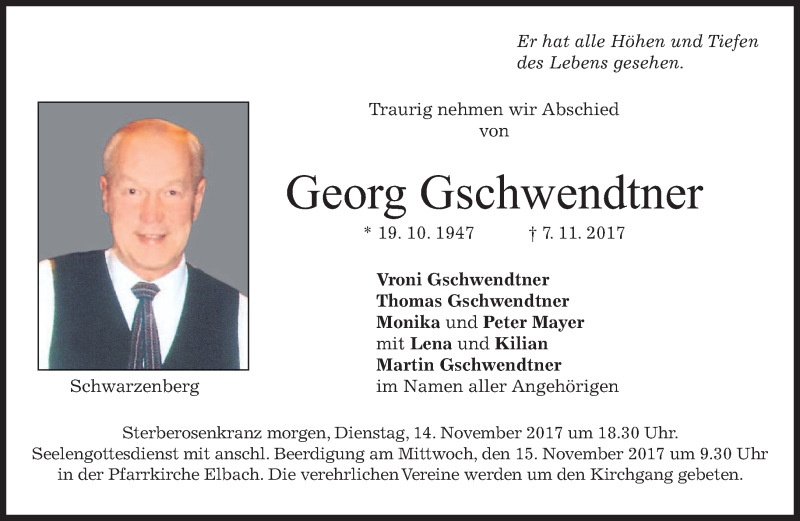  Traueranzeige für Georg Gschwendtner vom 13.11.2017 aus merkurtz