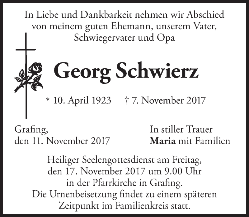  Traueranzeige für Georg Schwierz vom 11.11.2017 aus merkurtz