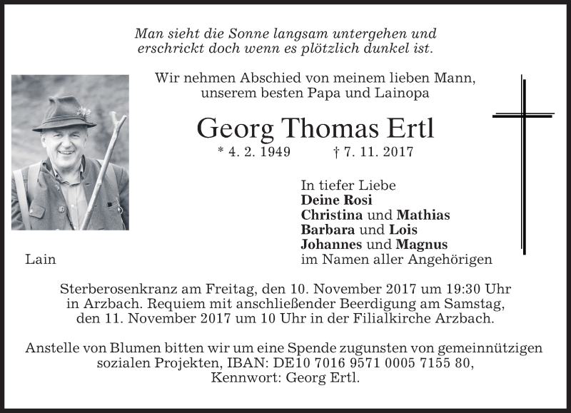  Traueranzeige für Georg Thomas Ertl vom 09.11.2017 aus merkurtz