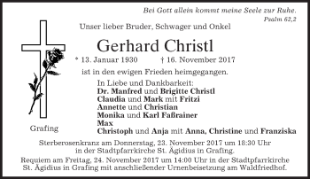 Traueranzeige von Gerhard Christl von merkurtz