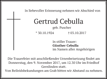 Traueranzeige von Gertrud Cebulla von merkurtz