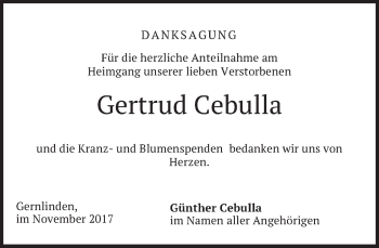 Traueranzeige von Gertrud Cebulla von merkurtz
