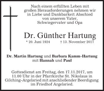 Traueranzeige von Günther Hartung von merkurtz