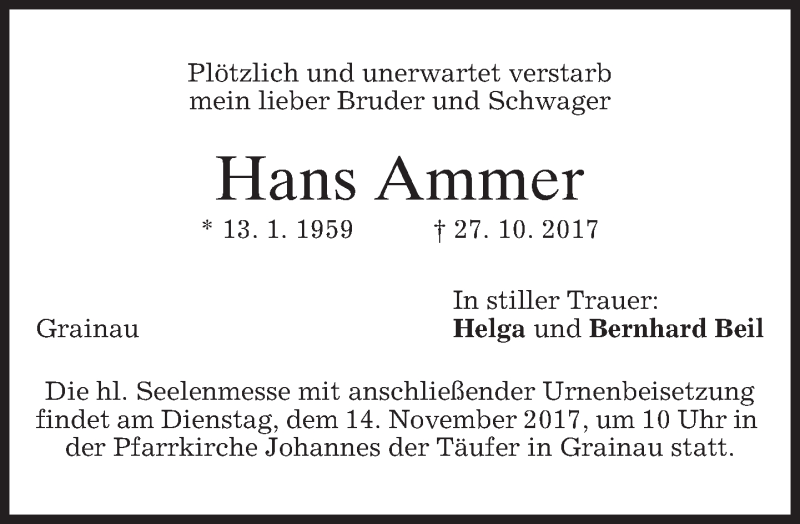  Traueranzeige für Hans Ammer vom 10.11.2017 aus merkurtz