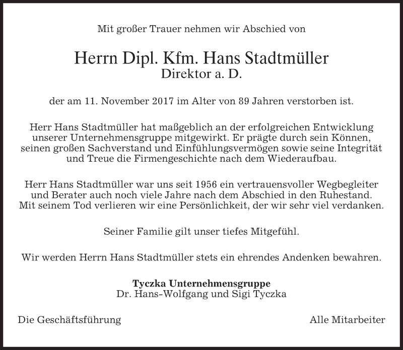  Traueranzeige für Hans Stadtmüller vom 14.11.2017 aus merkurtz