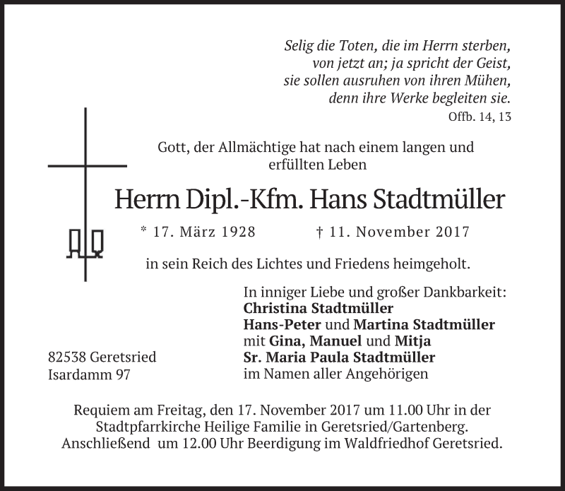  Traueranzeige für Hans Stadtmüller vom 14.11.2017 aus merkurtz