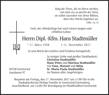 Traueranzeige von Hans Stadtmüller von merkurtz