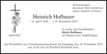 Traueranzeige von Heinrich Hofbauer von merkurtz