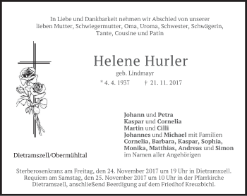 Traueranzeige von Helene Hurler von merkurtz