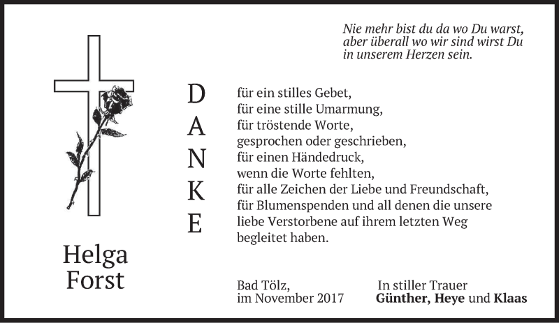  Traueranzeige für Helga Forst vom 18.11.2017 aus merkurtz