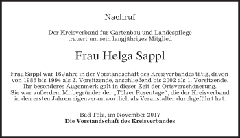 Traueranzeige von Helga Sappl von merkurtz