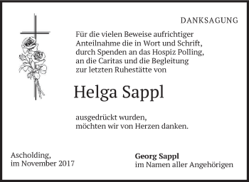 Traueranzeige von Helga Sappl von merkurtz