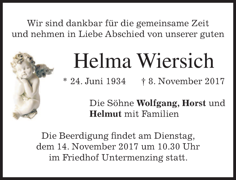 Traueranzeige für Helma Wiersich vom 11.11.2017 aus merkurtz