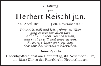 Traueranzeige von Herbert Reischl von merkurtz