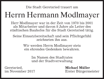 Traueranzeige von Hermann Modlmayer von merkurtz