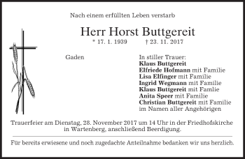 Traueranzeige von Horst Buttgereit von merkurtz