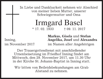 Traueranzeige von Irmgard Basel von merkurtz
