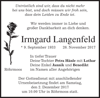 Traueranzeige von Irmgard Langenfeld von merkurtz