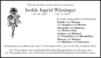 Traueranzeige von Isolde Ingrid Wiesinger von merkurtz