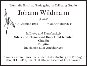 Traueranzeige von Johann Wildmann von merkurtz
