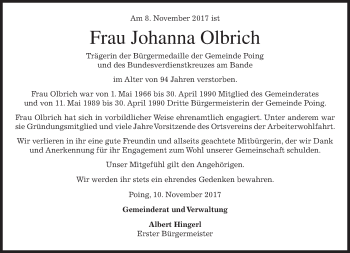 Traueranzeige von Johanna Olbrich von merkurtz