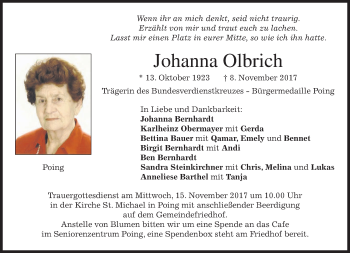 Traueranzeige von Johanna Olbrich von merkurtz
