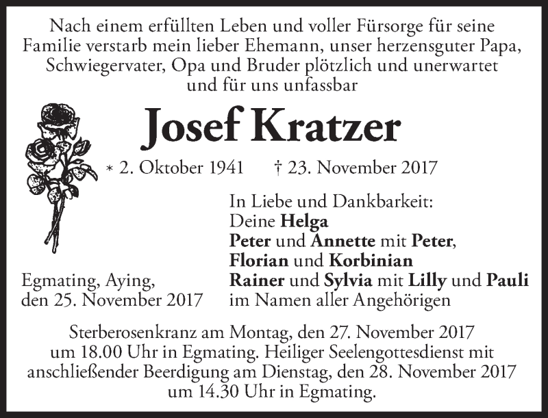  Traueranzeige für Josef Kratzer vom 25.11.2017 aus merkurtz