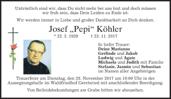 Traueranzeige von Josef Köhler von merkurtz