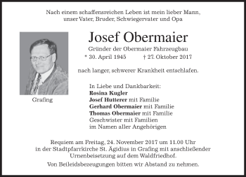 Traueranzeige von Josef Obermaier von merkurtz