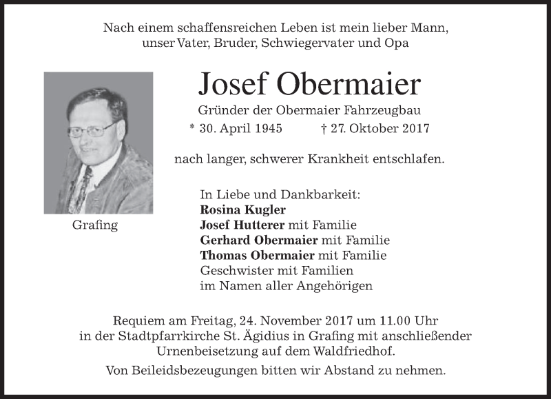  Traueranzeige für Josef Obermaier vom 18.11.2017 aus merkurtz