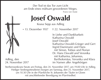 Traueranzeige von Josef Oswald