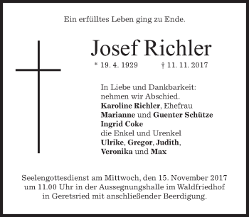 Traueranzeige von Josef Richler von merkurtz