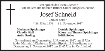 Traueranzeige von Josef Schneid von merkurtz