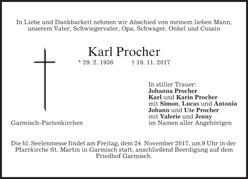  Traueranzeige für Karl Procher vom 21.11.2017 aus merkurtz