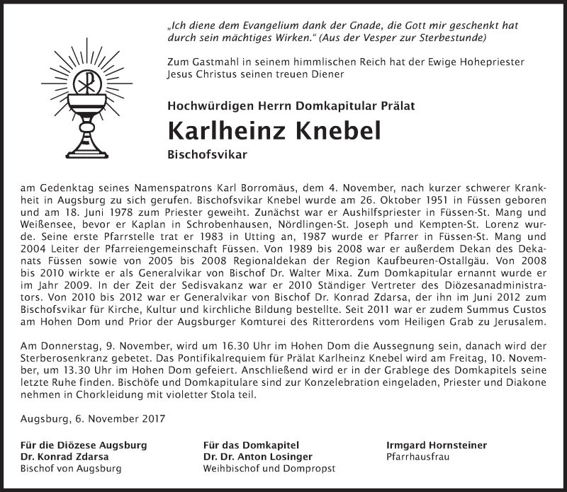  Traueranzeige für Karlheinz Knebel vom 07.11.2017 aus merkurtz