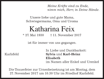 Traueranzeige von Katharina Feix von merkurtz