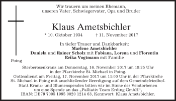 Traueranzeige von Klaus Ametsbichler von merkurtz