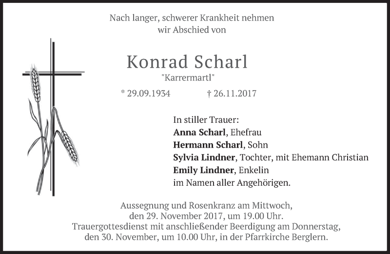  Traueranzeige für Konrad Scharl vom 29.11.2017 aus merkurtz