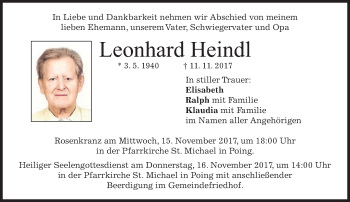 Traueranzeige von Leonhard Heindl von merkurtz