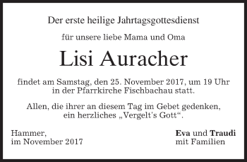 Traueranzeige von Lisi Auracher von merkurtz