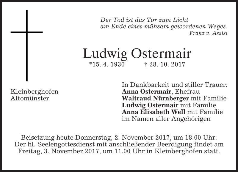  Traueranzeige für Ludwig Ostermair vom 02.11.2017 aus merkurtz