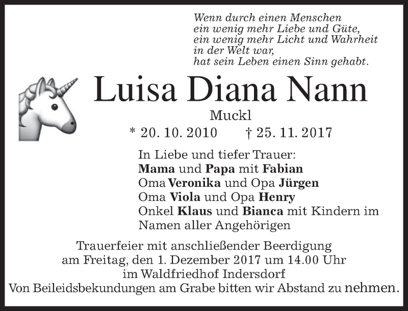  Traueranzeige für Luisa Diana Nann vom 29.11.2017 aus merkurtz