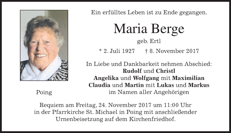  Traueranzeige für Maria Berge vom 18.11.2017 aus merkurtz